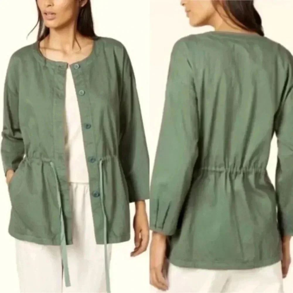 Eileen Fisher Olive Army Green Organic Cotton Drawstring Outwear Jacket Size XS